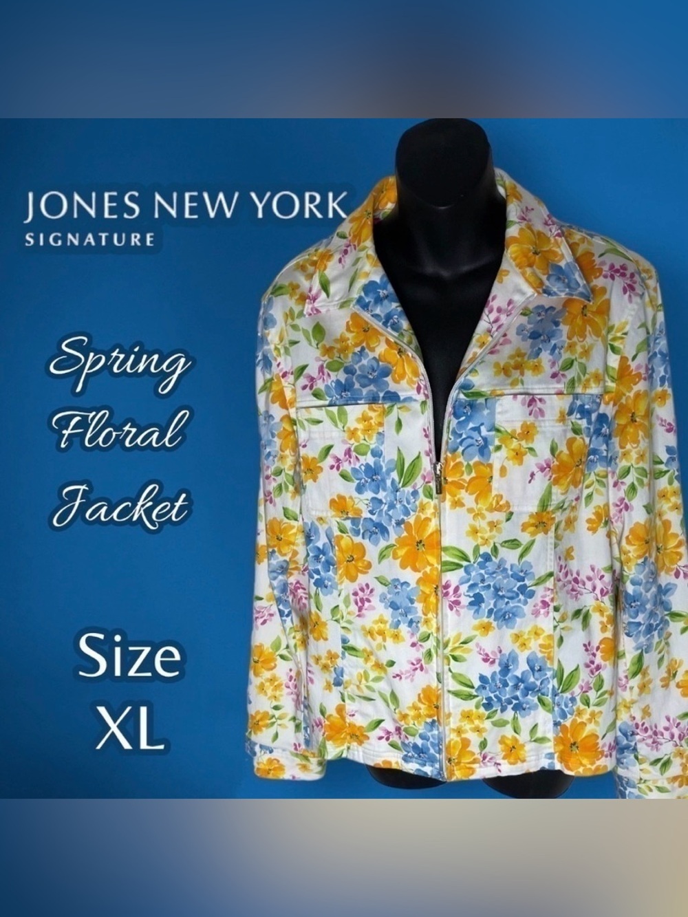 Jones New York Signature Floral Zip Up Jacket Pastel Garden Multi-Color XL